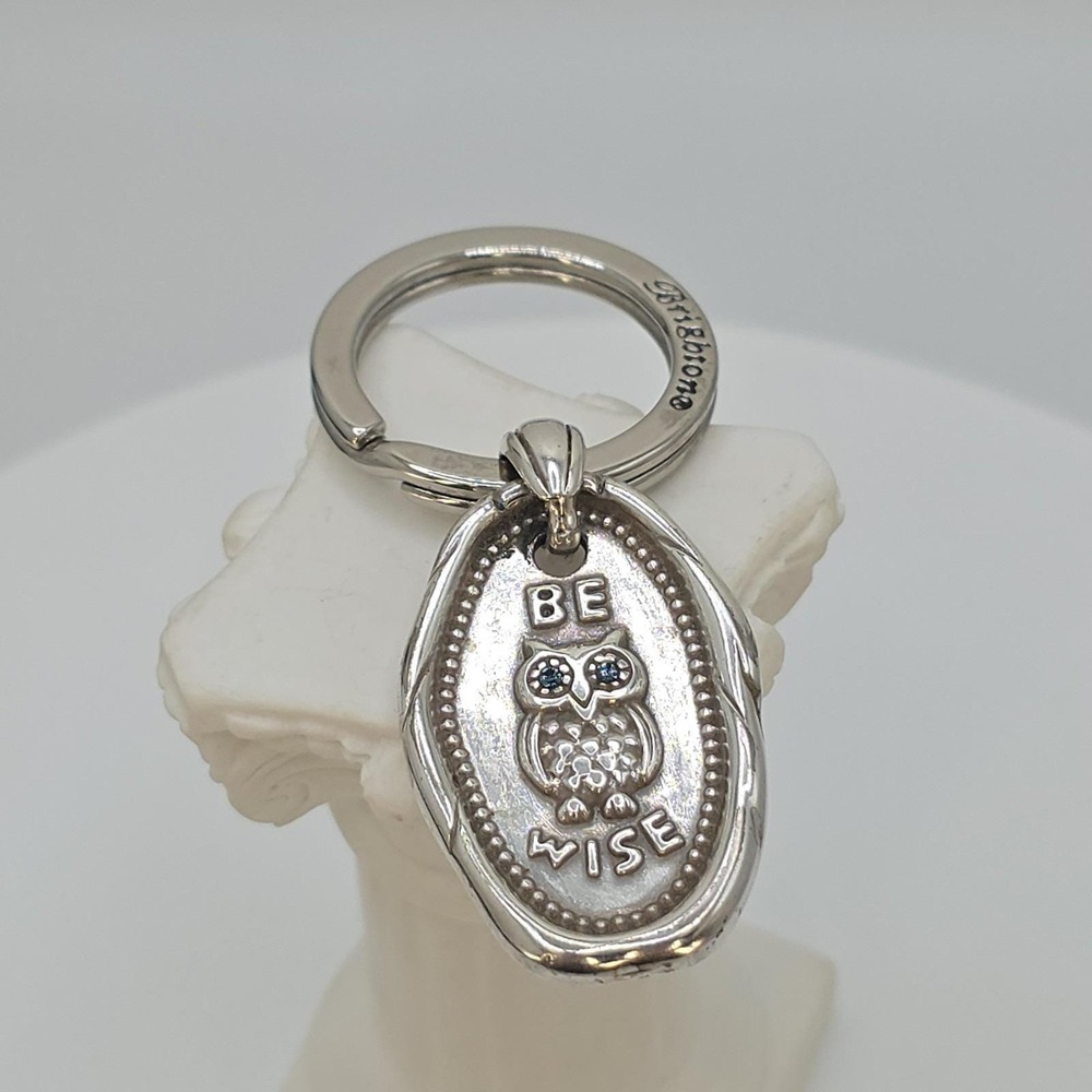 BRIGHTON 'Be Wise' Owl Keychain Key Fob Blue Crystals Silver Plate FREE $HIPPING